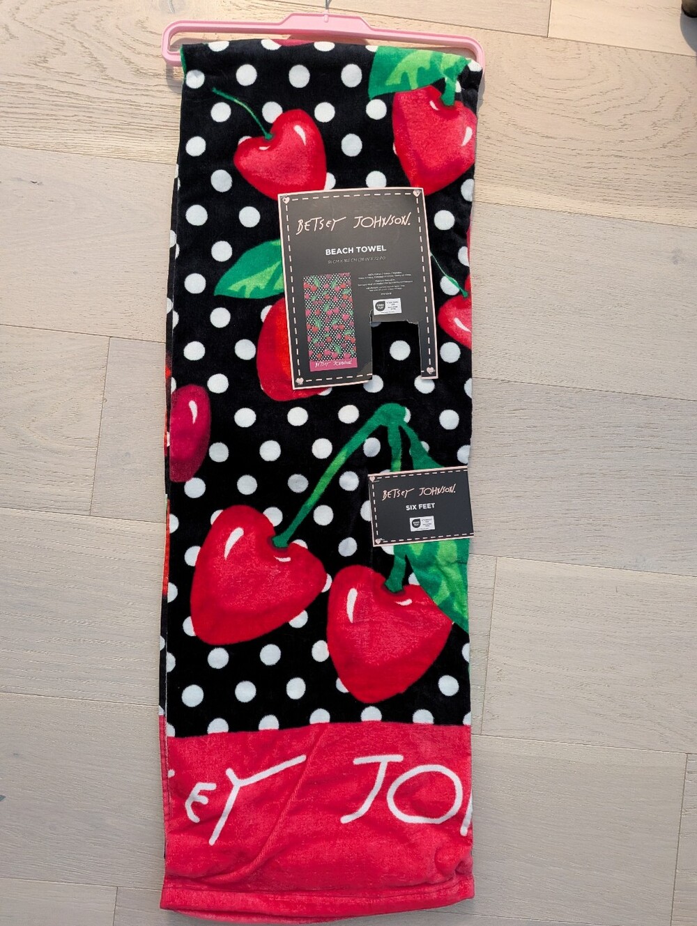 Betsey Johnson Black Polka Dot Beach Towel with Red Cherry Motif